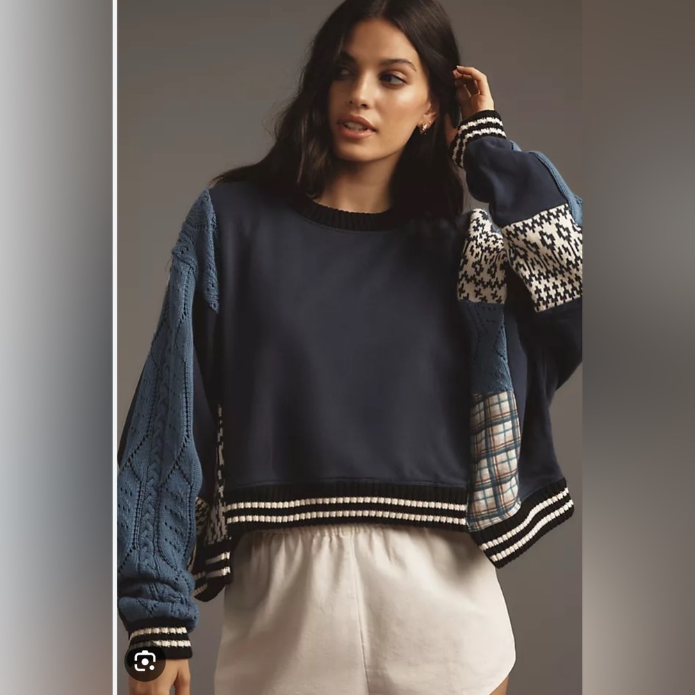 Anthropologie Pilcro Mixed Media Pullover Patchwork Cropped Sweatshirt Sweater
